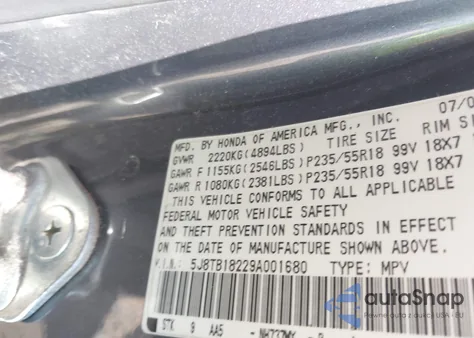 2009 Acura Rdx из США, поврежденный, VIN 5J8TB18229A001680